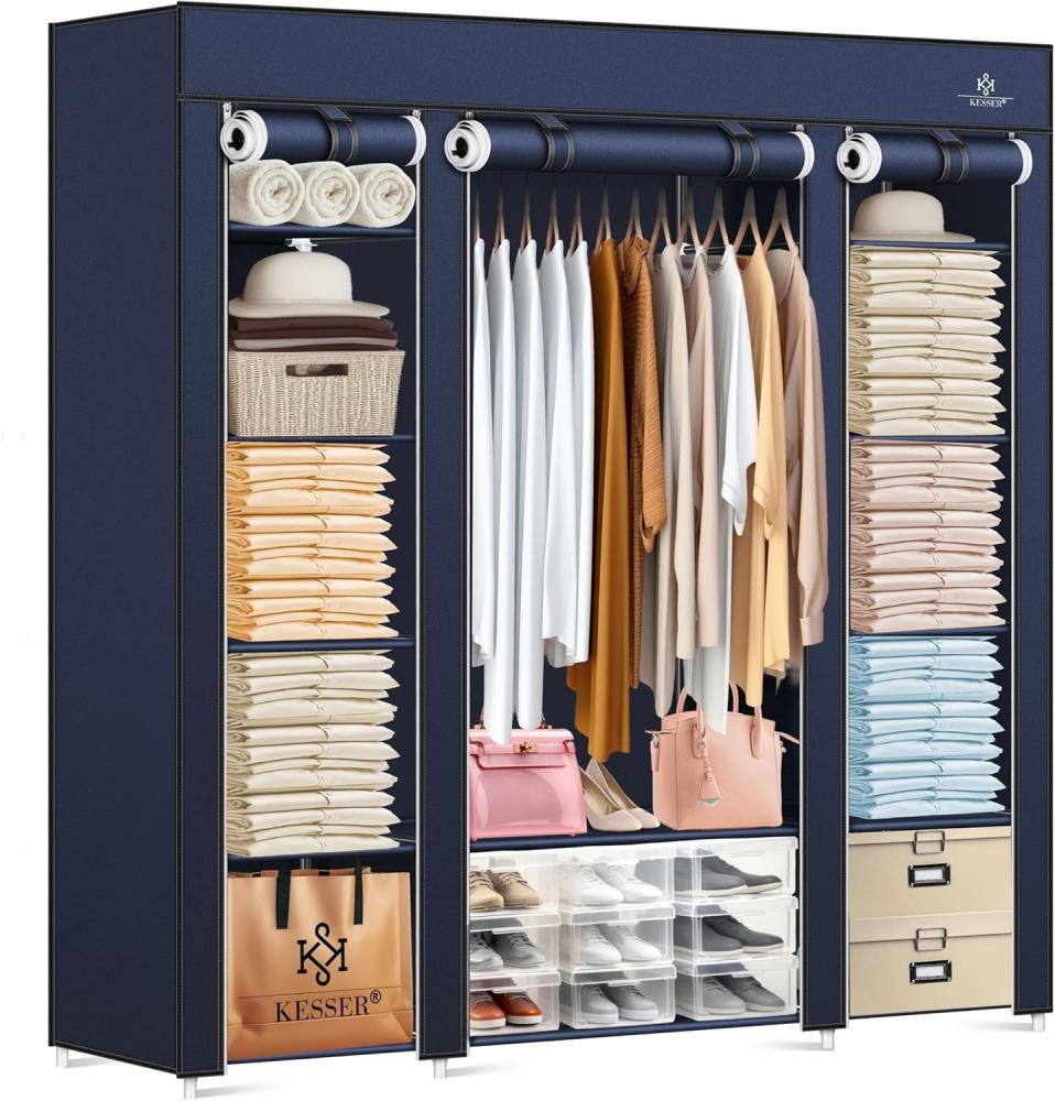 KESSER® Kleiderschrank Stoffschrank Stabil mit Kleiderstange & Ablagen, Inkl. 5x Kleiderbügel, Stoff Faltschrank für Schlafzimmer, Ankleidezimmer Garderobe mit Kleiderständer 150x45x175cm Navyblau Bild 1