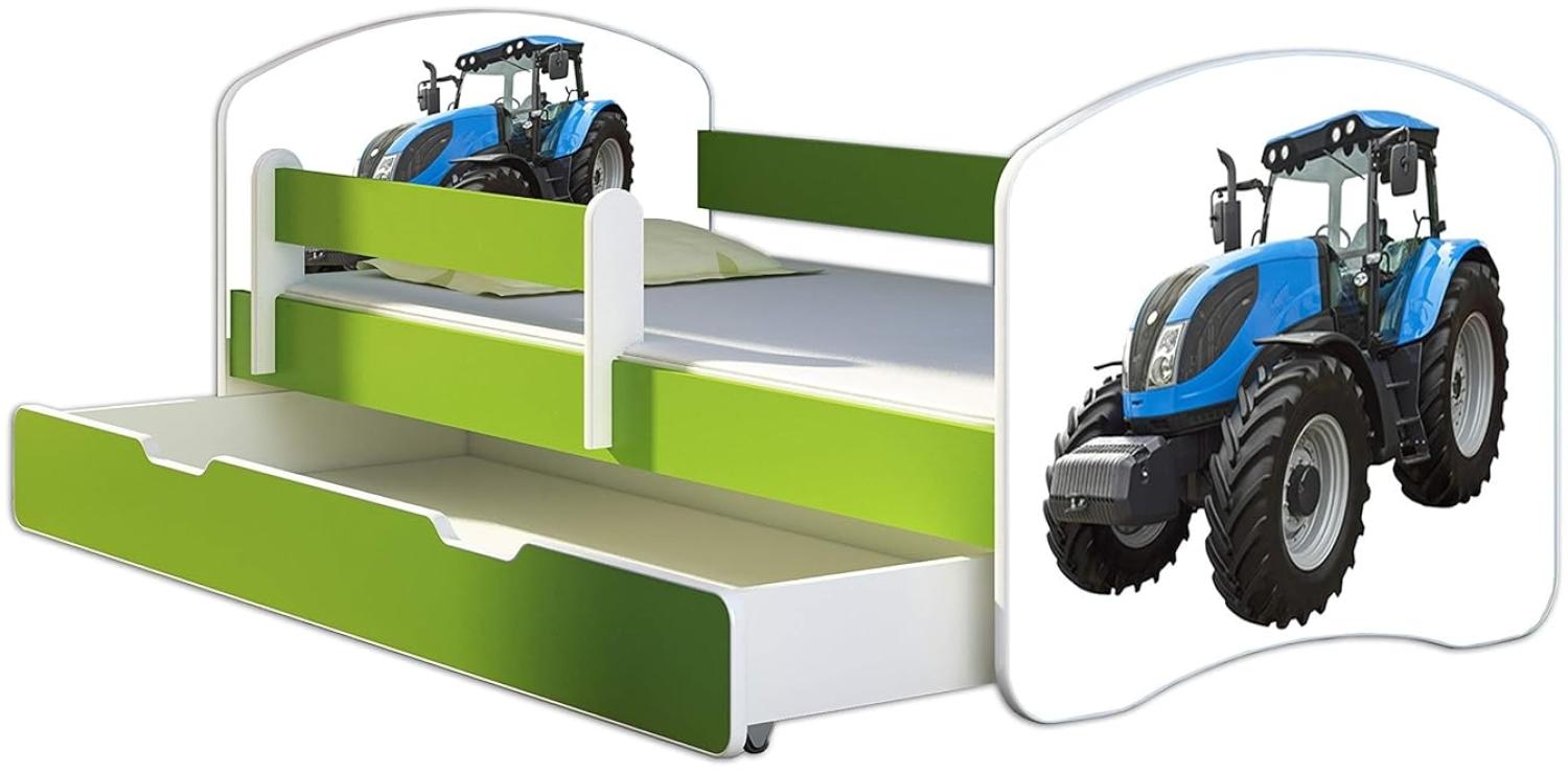 ACMA Kinderbett Jugendbett mit Einer Schublade und Matratze Grün mit Rausfallschutz Lattenrost II 140x70 160x80 180x80 (42 Traktor, 180x80 + Bettkasten) Bild 1