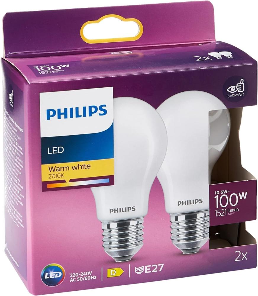 Philips LED E27 A60 2er Set Leuchtmittel 10,5W 1521lm 2700K warmweiss 6x6x10,4cm Bild 1