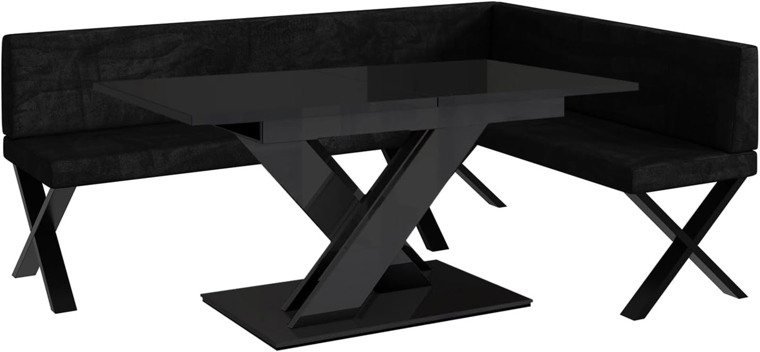 MEBLINI Eckbank für Esszimmer mit ausziehbarem Tisch - Küchenbank - Essecke - Sitzecke Küche - TONI - X-Beine 142x196x87cm Rechts - Schwarz Samt/B Schwarz Hochgl. Bild 1