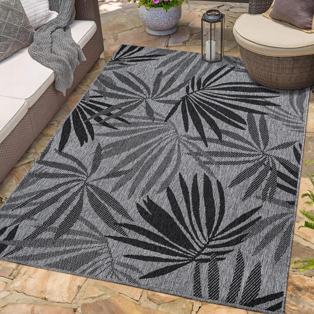 carpet city In- & Outdoor-Teppich Anthrazit, Grau - Wendeteppich - 160x230 cm - Florales Muster - Wetterbeständig für Balkon, Terrasse - Teppiche Modern Indoor Wohnzimmer, Küche Bild 1