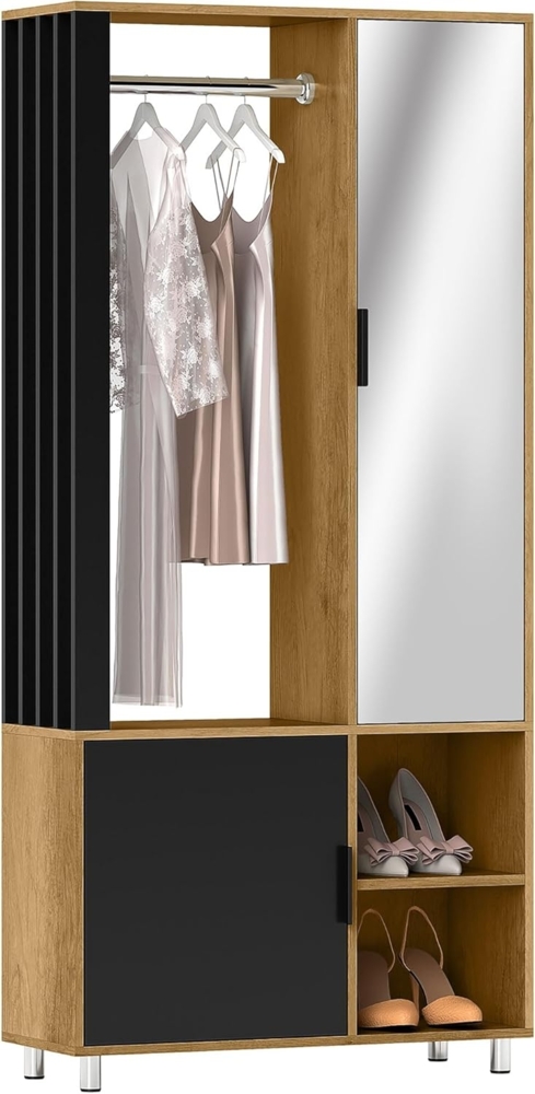 HOMCOM Kleiderschrank Garderobe Set mit Spiegel, Kleiderstange, Schuhschrank und Fächer (Flurgarderobe Set, 1-St, Garderobe Set) 80 x 30 x 175 cm, Naturholz Bild 1