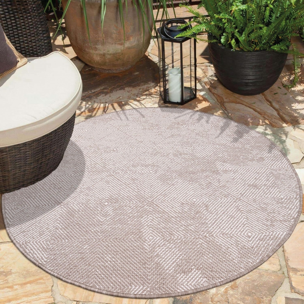 carpet city In- & Outdoor-Teppich Beige - Wendeteppich - 160 cm Rund - Rauten-Muster - Wetterbeständig für Balkon, Terrasse - Teppiche Modern Indoor Wohnzimmer, Küche Bild 1