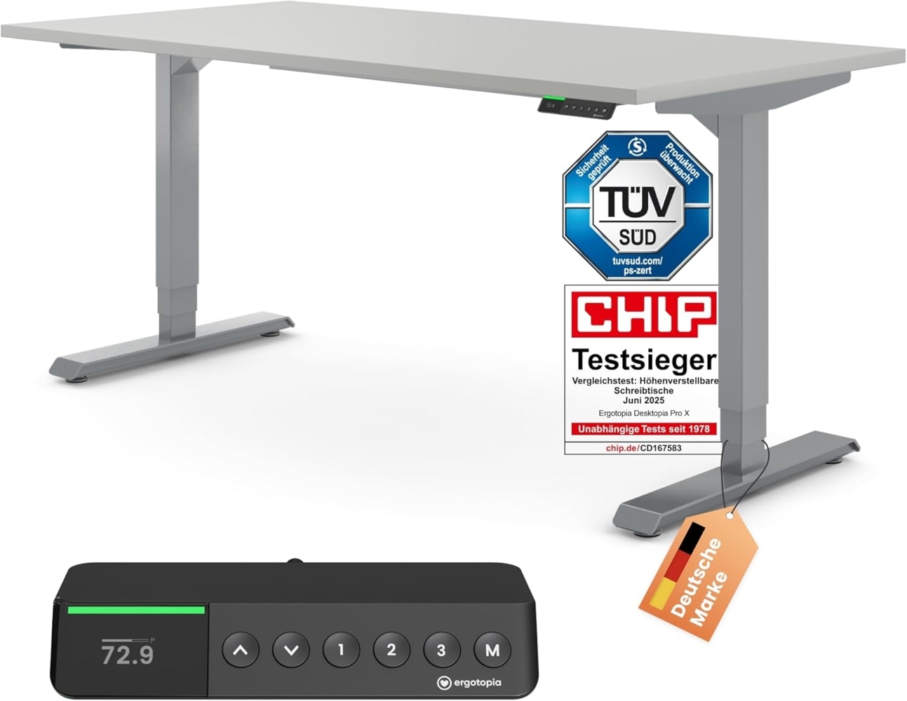 Desktopia Pro X - Elektrisch höhenverstellbarer Schreibtisch / Ergonomischer Tisch mit Memory-Funktion, Grau, Gestell Grau, 120x80 cm Bild 1