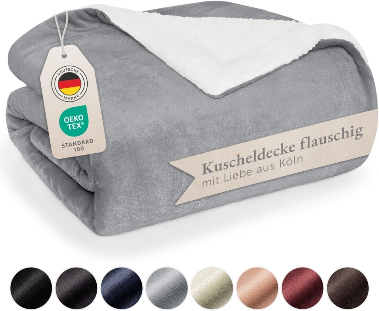 Blumtal Premium Sherpa Kuscheldecke flauschig - Wohndecke Kuscheldecke 130x150 cm - Oeko-TEX zertifizierte Fleecedecke 130x150 cm - Wohn- & Kuscheldecke - Wohndecke 130x150 - Flauschige Decke in Grau Bild 1