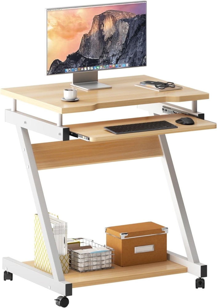 SogesHome Mobiler Computertisch mit Rollen und Tastaturauszug – Kleiner PC-Tisch mit Ablage für Tower, Schreibtisch für Home Office oder Büro, Ahorn Bild 1