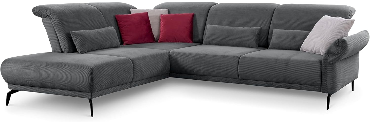 CAVADORE Ecksofa Cooper / Luftige Eckcouch mit Ottomane links, Armteilverstellung, Kopfteilverstellung und Sitztiefenverstellung / 294 x 88 x 242 / Cord, Dunkelgrau Bild 1