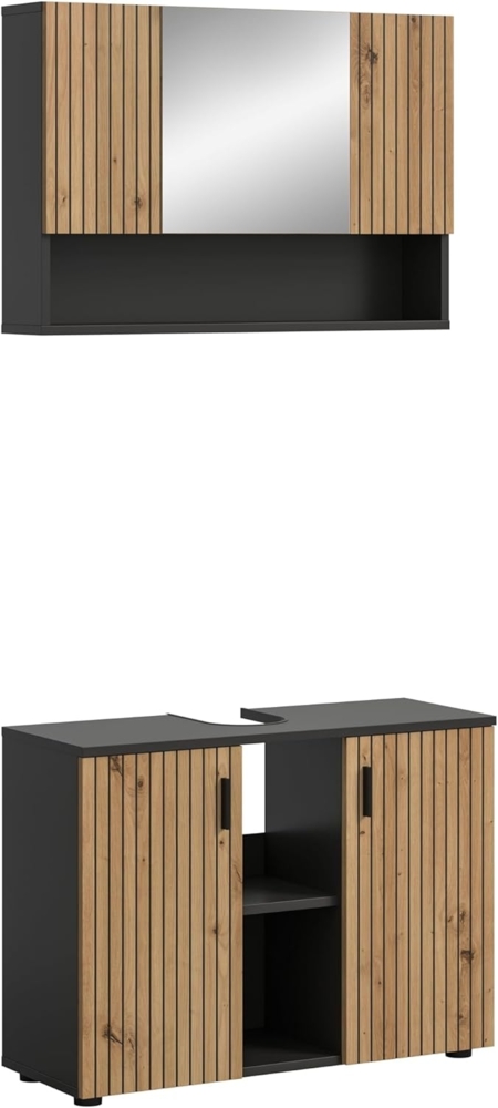 xonox. home – 2 TLG. Mone Badkombination 80 x 180 x 30 cm in Korpus Korpus Basalt Nachbildung und Front Artisan Oak Nachbildung – Kompaktes Badezimmermöbel-Set – stilvoll & ideal für kleine Räume Bild 1