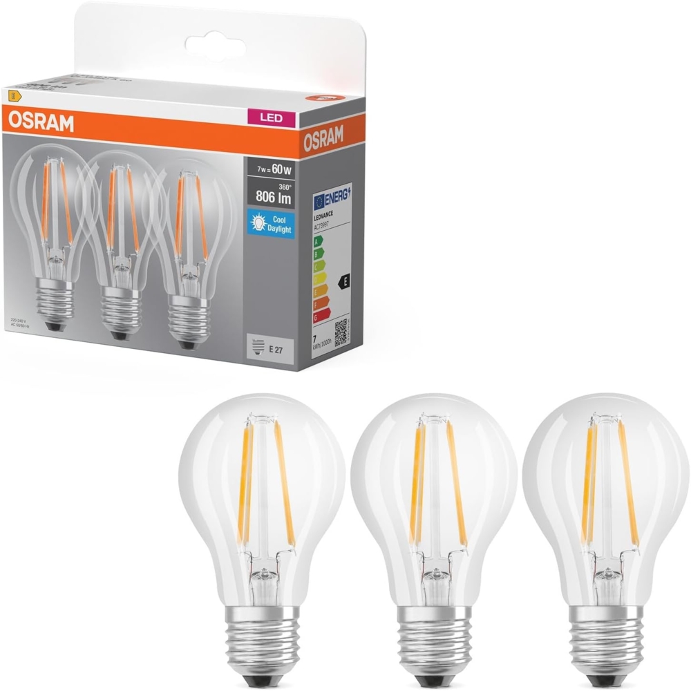 Osram LED Lampe Base Classic Kolbenform E27 klar 6500K kaltweiß, Filament LED, Ersatz für Glühlampe, IP20, quecksilberfrei, stoßfest, 15000 h Bild 1