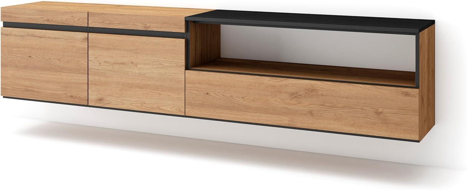 Skraut Home | TV-Schrank, Lowboard | für Wohnzimmer und Esszimmer | 200x45x35cm | Für TV-Geräte bis zu 80" | Hängend | Moderner Stil | Eiche Schwarz Bild 1