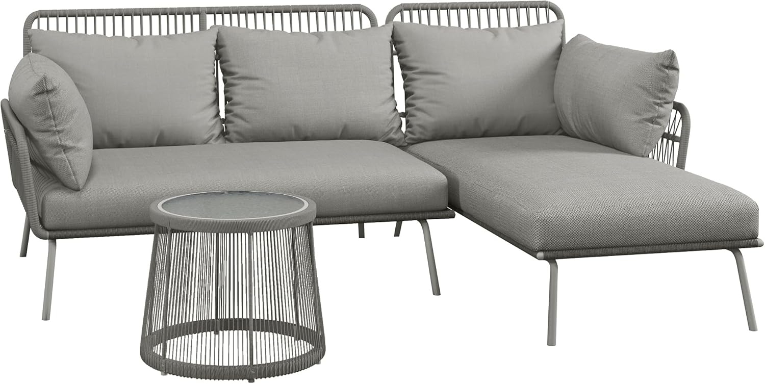 Outsunny Sitzgruppe Gartenmöbel-Set mit Kissen mit Beistelltisch, (Polyrattan Lounge Set, 3-tlg, Gartengarnitur), für Garten, Terrasse, Stahl, Hellgrau Bild 1