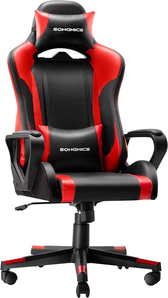 Gamingstuhl, Schreibtischstuhl, Computerstuhl, Bürostuhl, abnehmbare Kopfstütze, Lendenkissen, höhenverstellbar, Wippfunktion, bis 150 kg belastbar, ergonomisch, Schwarz-rot RCG011B01 Bild 1