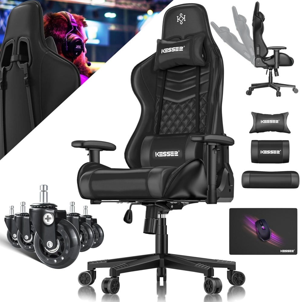 KESSER® Gamingstuhl mit Kopfstütze & Lendenkissen | Ergonomischer Gaming Sessel 150kg belastbar | Gamer Stuhl 360° Armlehne | Drehbarer Schreibtischstuhl Gaming Chair mit Mauspad + Gummi-Rollen Schwarz / Schwarz Bild 1