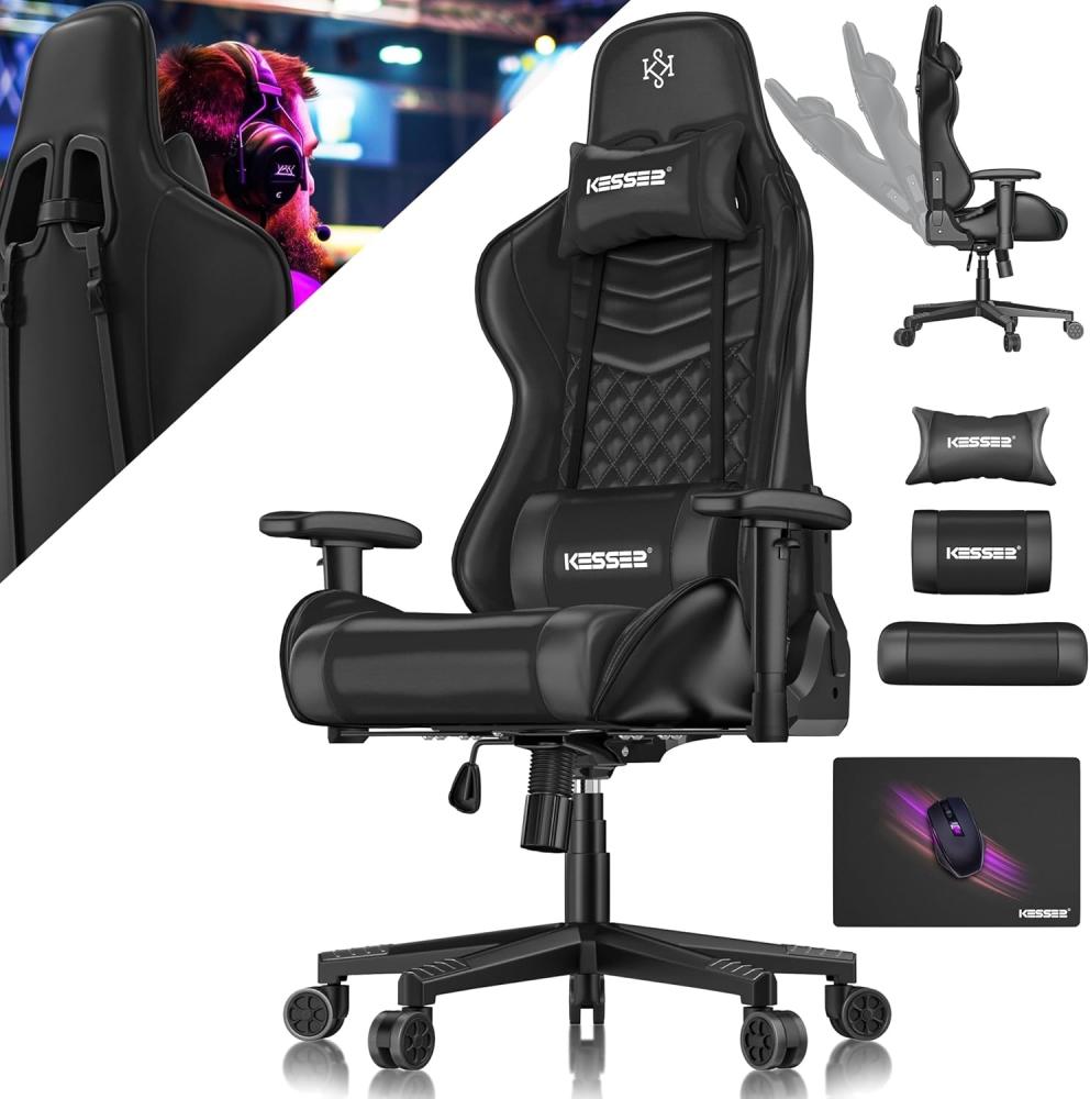 KESSER® Gamingstuhl mit Kopfstütze & Lendenkissen | Ergonomischer Gaming Sessel 150kg belastbar | Gamer Stuhl 360° Armlehne | Drehbarer Schreibtischstuhl Gaming Chair mit Mauspad + Gummi-Rollen Schwarz / Schwarz Bild 1