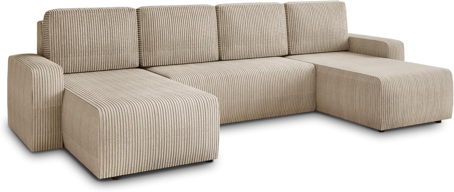 Wohnlandschaft mit Schlaffunktion Roma - U-Form Couch, Schlafsofa mit Bettkasten, Couchgranitur mit Bettfunktion, Big Sofa, Cord Stoff (Beige (Poso 100)) Bild 1