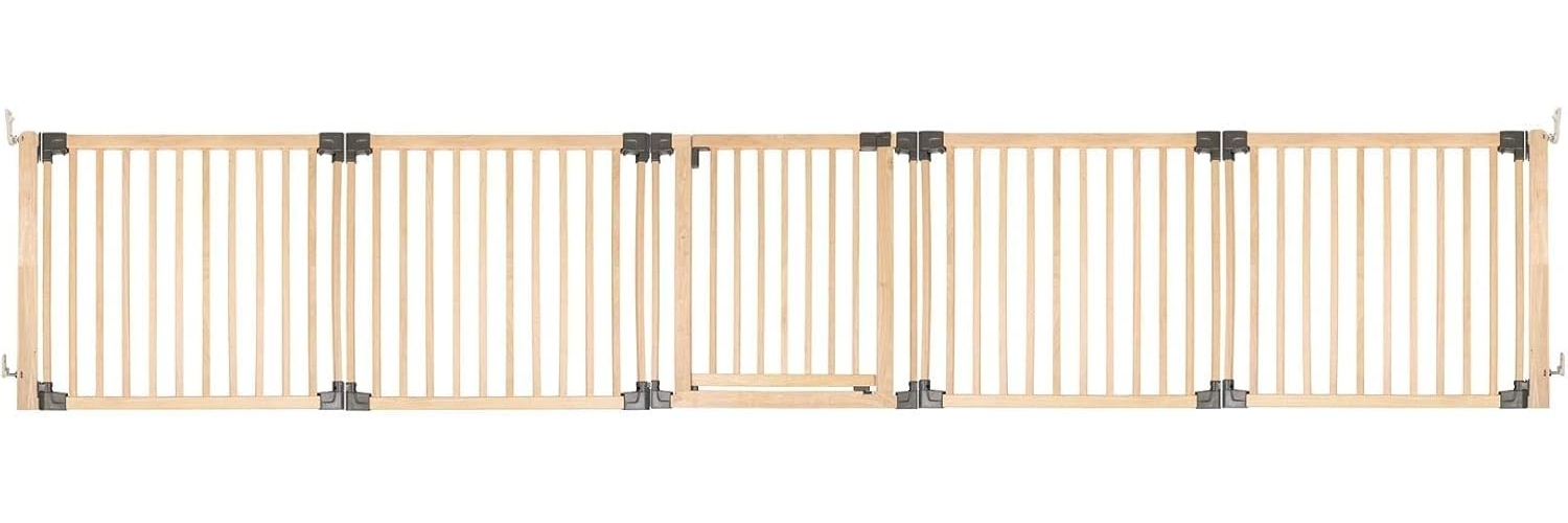 Safetots HolzMehrPanelRaumteiler, bis zu 416cm, Naturholz, 76cm Hoch, MehrPanelflexible Raumbarriere, Raumteiler mit Tür für Babys und Kleinkinder, Einfache Installation Bild 1