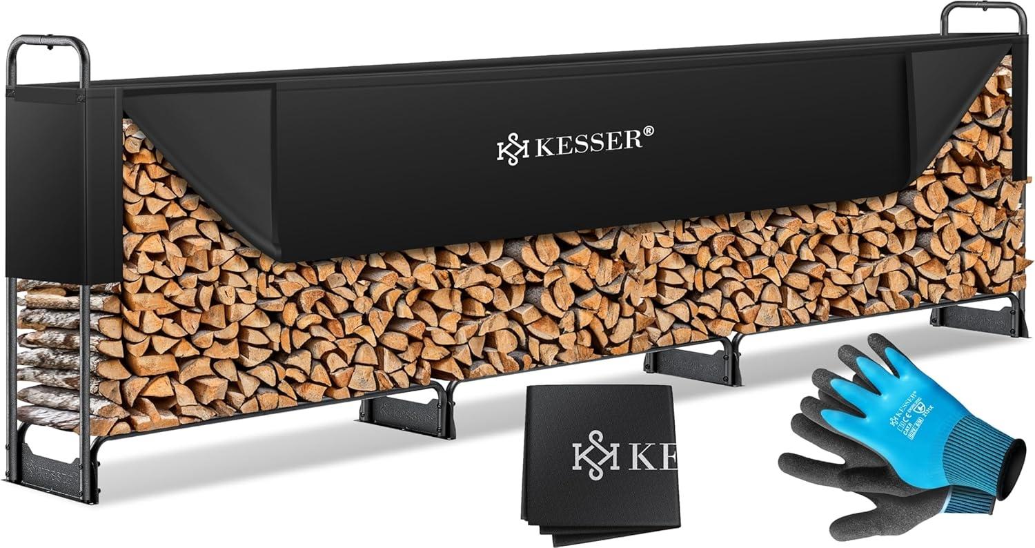 KESSER® Kaminholzregal Metall Brennholzregal außen Stahlrahmen + Abdeckung & Handschuhe Kaminholzunterstand 200kg Wasserdichter Holzlager Holzstapelhilfe für Garten Terrasse Schwarz, 390 x 36 x 117cm Bild 1