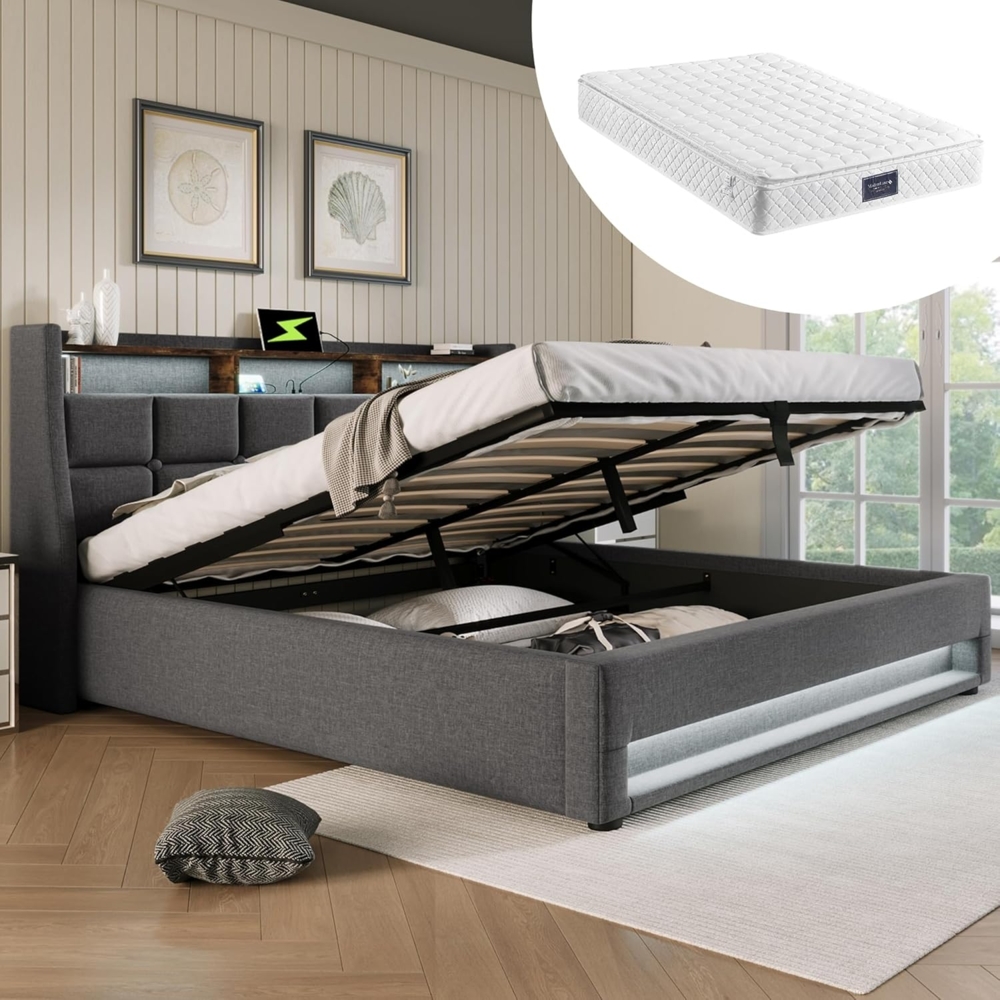 OKWISH Schlafsofa Daybett Tagesbett Doppelbett Stauraumbett Kinderbett Polsterbett, Multifunktionsbett mit LED-Lichtleiste, USB-Steckdose und Lattenrost aus hautsympathischem Samtstoff - ideal für Wohnzimmer und Gästezimmer, mit Matratze Bild 1