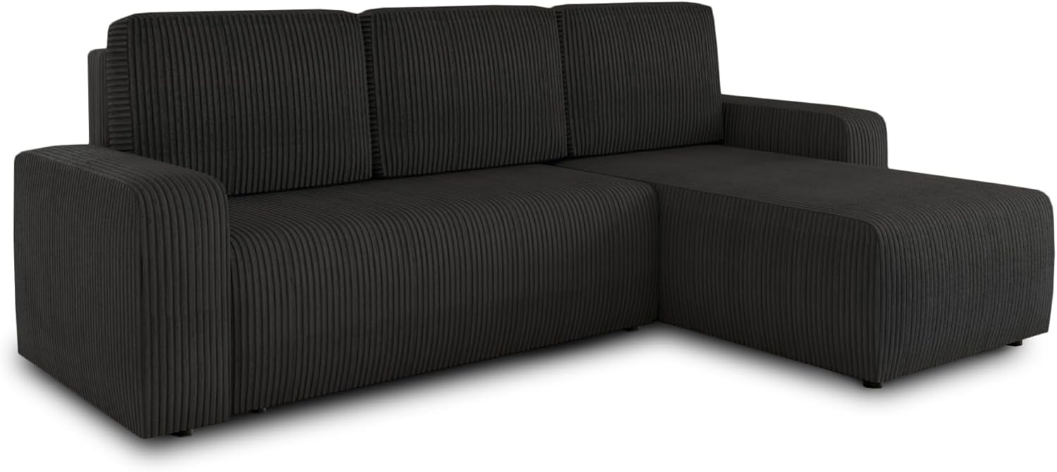 Ecksofa Roma L mit Schlaffunktion und Bettkasten - Cord Stoff - L-Form Couch, Polstersofa, Schlafsofa, Sofagarnitur - Ottomane Universal (Schwarz (Poso 135)) Bild 1