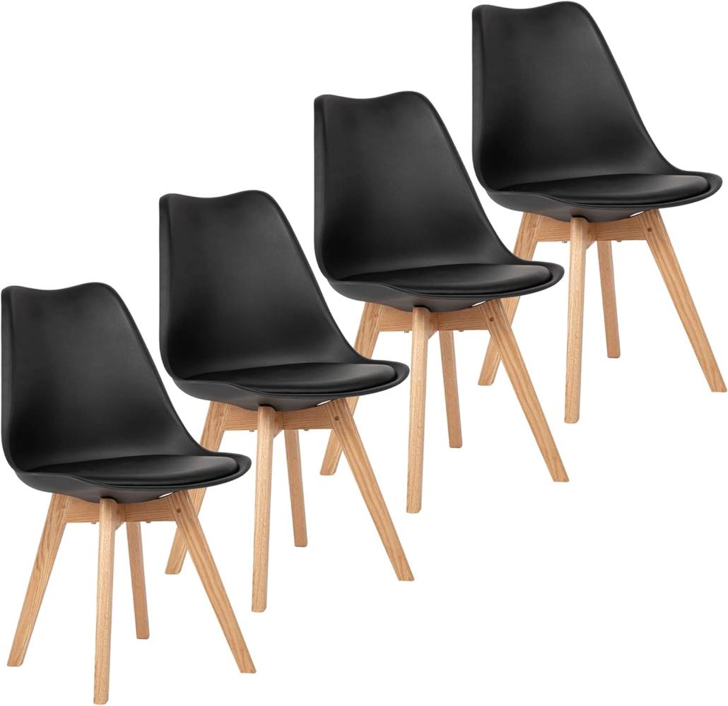 EGGREE 4er Set Esszimmerstühle Skandinavisch Küchenstuhl Stühle Modern mit Massivholz Eiche Bein und Kunstlederkissen, Schwarz Bild 1