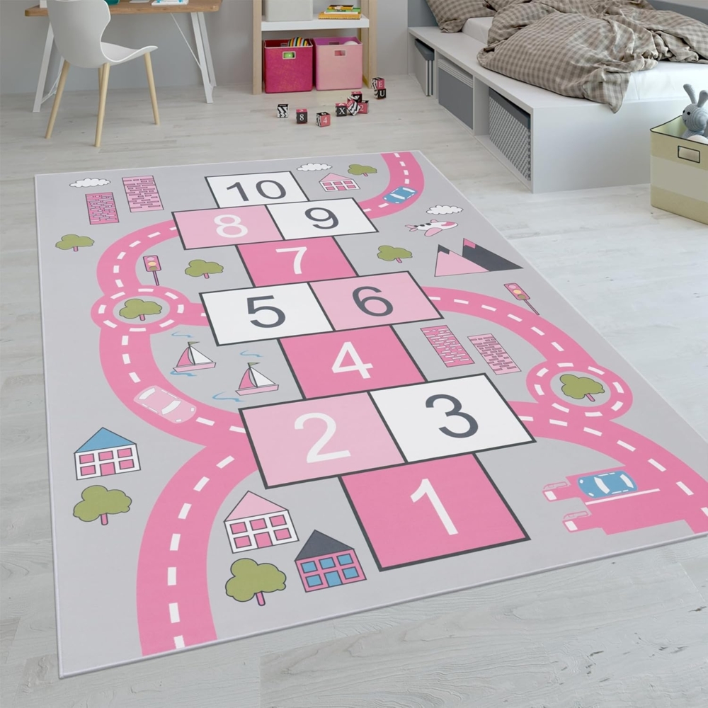 Paco Home Kinderteppich Teppich Kinderzimmer Spielteppich Junge Mädchen Modern rutschfest, Grösse:140x200 cm, Farbe:Pink 2 Bild 1