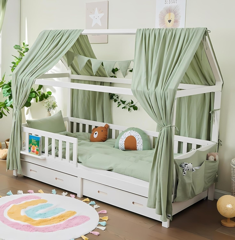 Alavya Home® Hausbett BUCHE CLOUD BESTSELLER! FSC zertifiziert (SET Kinderbett 90x200, inkl. Matratze Schubladen Buchablage Rausfallschutz und Lattenrost), Hausbett 90x200cm für Mädchen und Jungen aus Massiv Buchenholz Bild 1