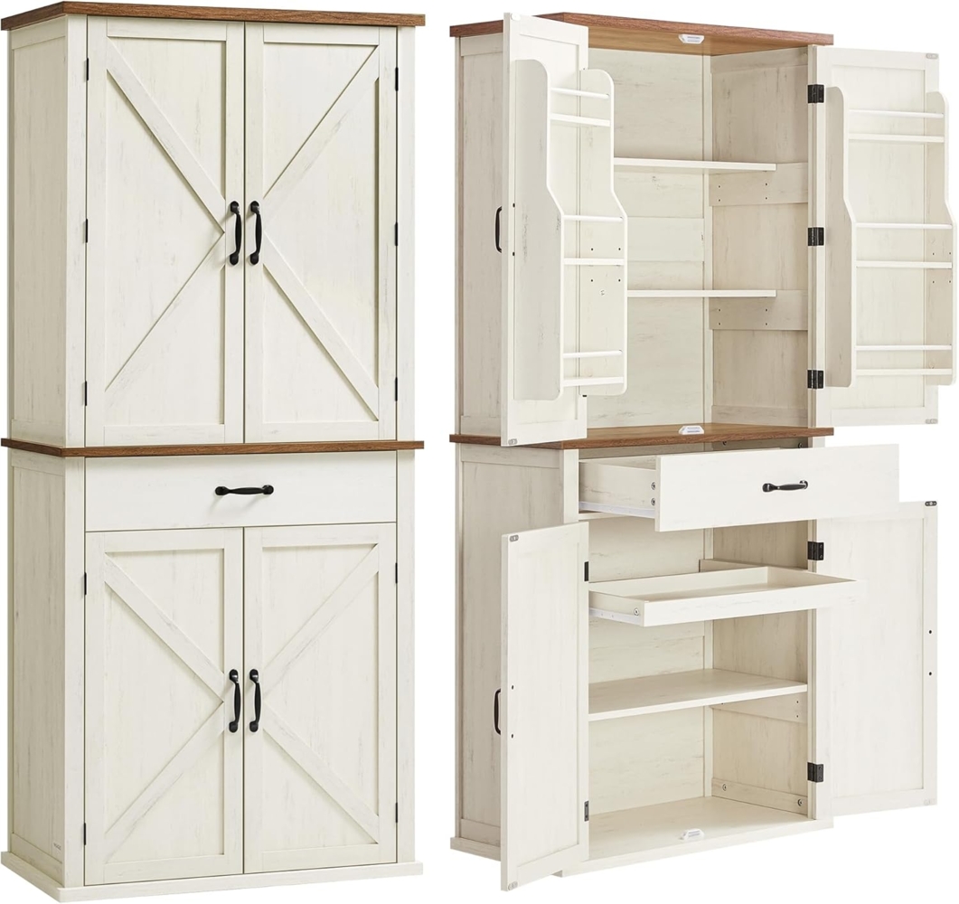 VASAGLE Küchenschrank, 178,6 cm hoher Mehrzweckschrank, Landhausstil, mit Türen, Schublade, Ablage und verstellbaren Einlegeböden, für Küche Esszimmer, von SONGMICS, vintageweiß BBKDE364W02 Bild 1