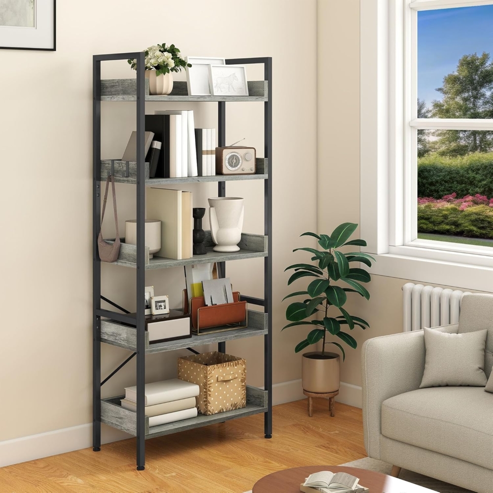 YITAHOME 5-stöckiges schmales, hohes Bücherregal, offenes Bücherregal mit 4 Haken, industrielles Lagerregal für Wohnzimmer, Home Office, graues freistehendes Regal Bild 1