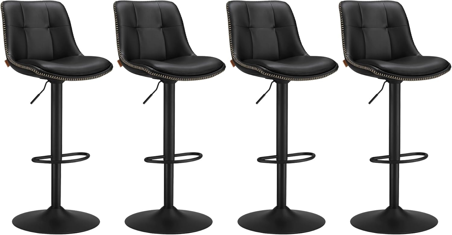 Vasagle Barhocker 4er Set, Barstühle höhenverstellbar, drehbare Küchenhocker, gesteppter PU-Bezug, mit Rückenlehne und Fußstütze, Esszimmer, Theke, Stahl, tintenschwarz LJBDE295B01 Bild 1