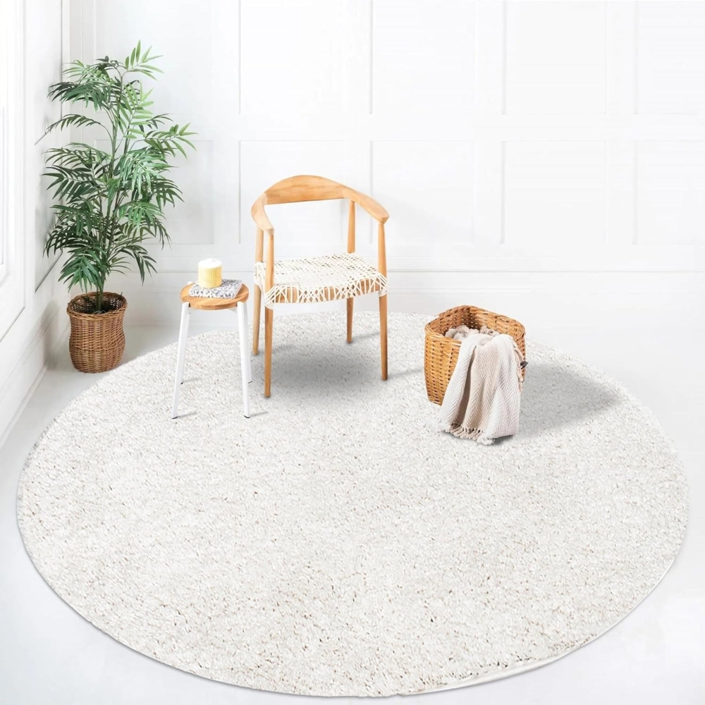 Teppich Rund Hochflor Shaggy - 120x120cm - Creme Einfarbig Uni Flauschig Modern Boho Wohnzimmer Schlafzimmer Deko Teppiche Weich Schlafzimmer Bild 1