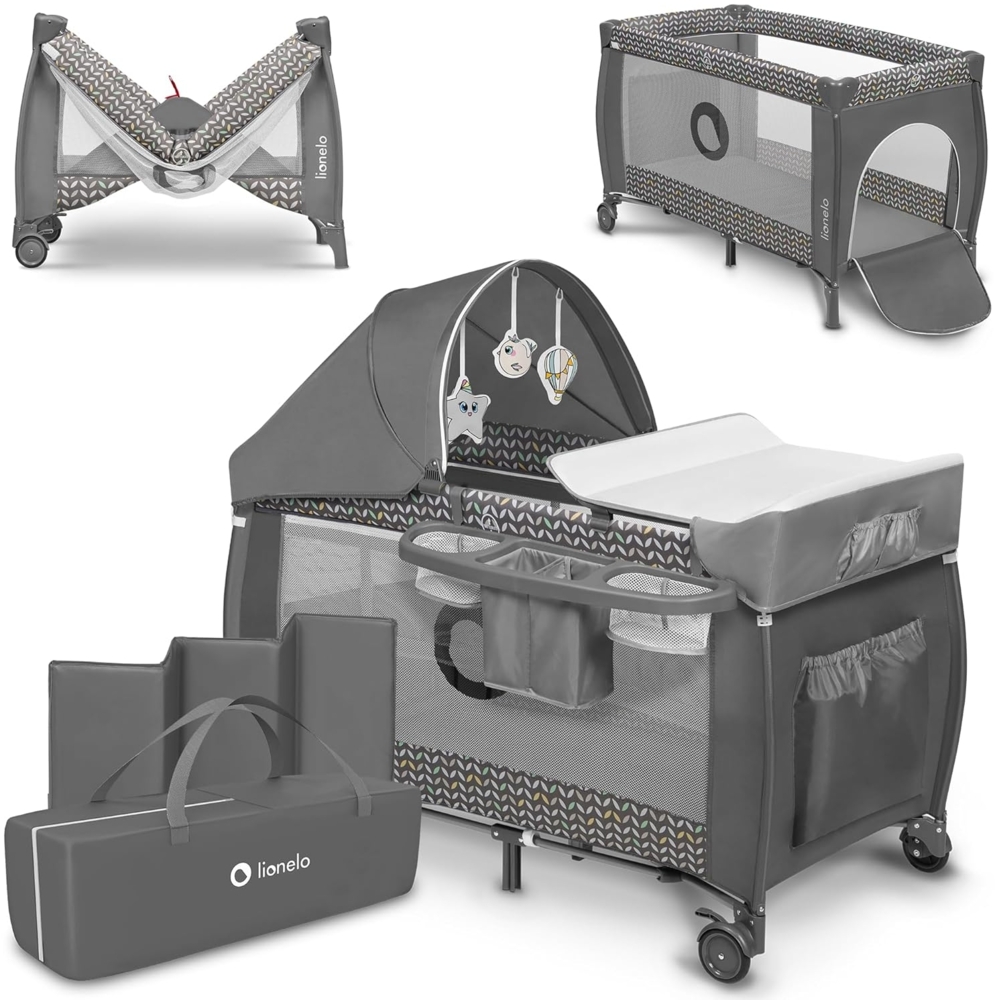 Lionelo Sven Plus 2 in 1 Baby Bett Laufstall Baby ab Geburt bis 15 kg Wickelauflage Moskitonetz luftige Seitenwände mit Seiteneingang Tragetasche zusammenklappbar (Grey Scandi) Bild 1