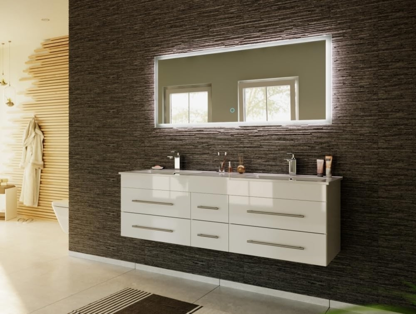 Badmöbelset Roma XL 2-teilig mit LED Spiegel weiss hochglanz : Weiss hochglanz Bild 1