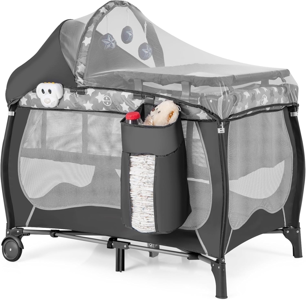 FANTASK 4 in 1 Babybett, Grau Spielbogen & Spieluhr, Stubenwagen mit Rollen, Tragetasche, tragbares Beistellbett Reisebett mit faltbaren Matratze, Wickeltisch, Baldachin, für Baby bis 36 Monaten Bild 1