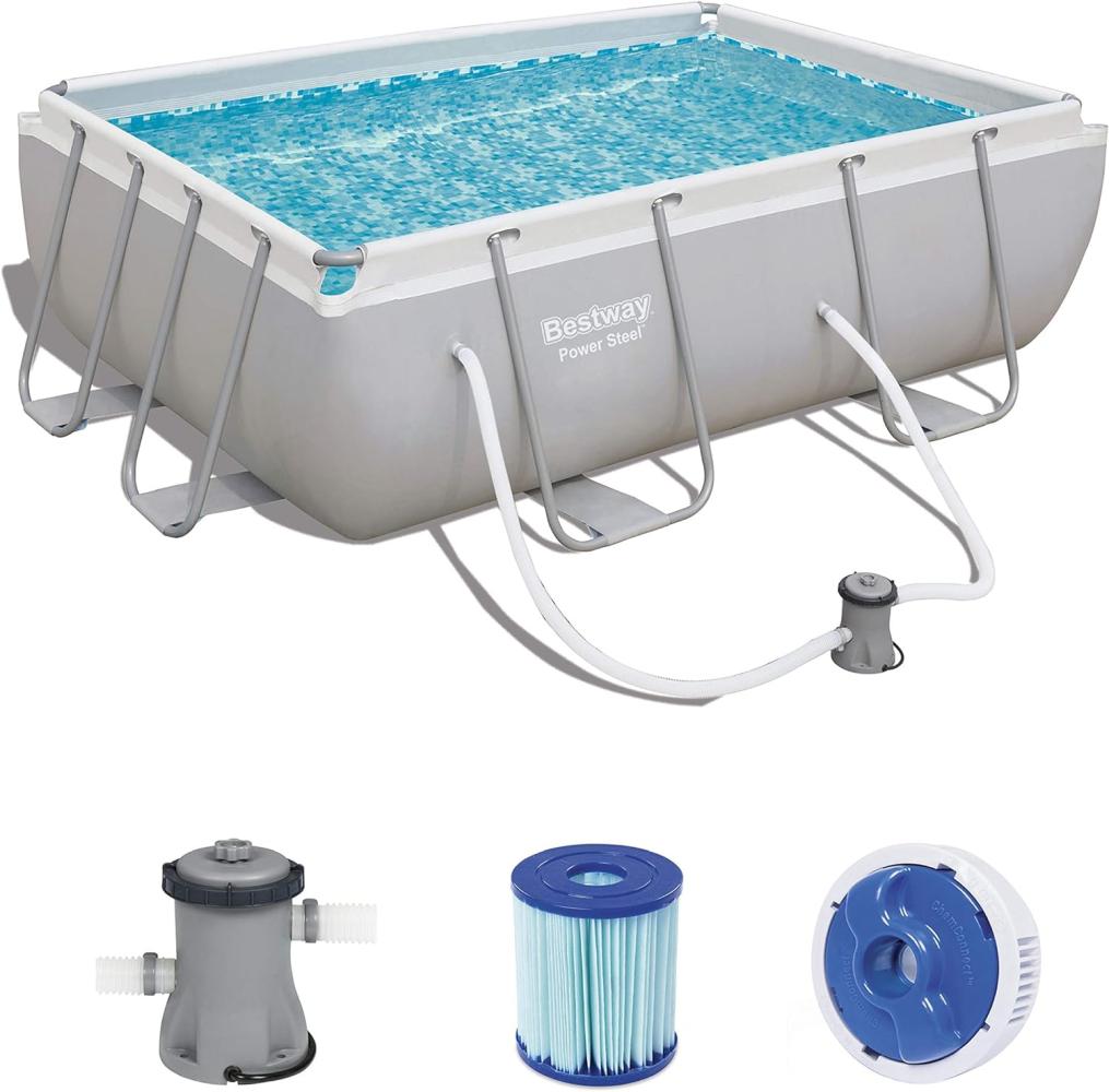 Bestway - Power Steel Frame Pool Set, 282 x 196 x 84 cm, mit Filterpumpe, eckig, grau Bild 1