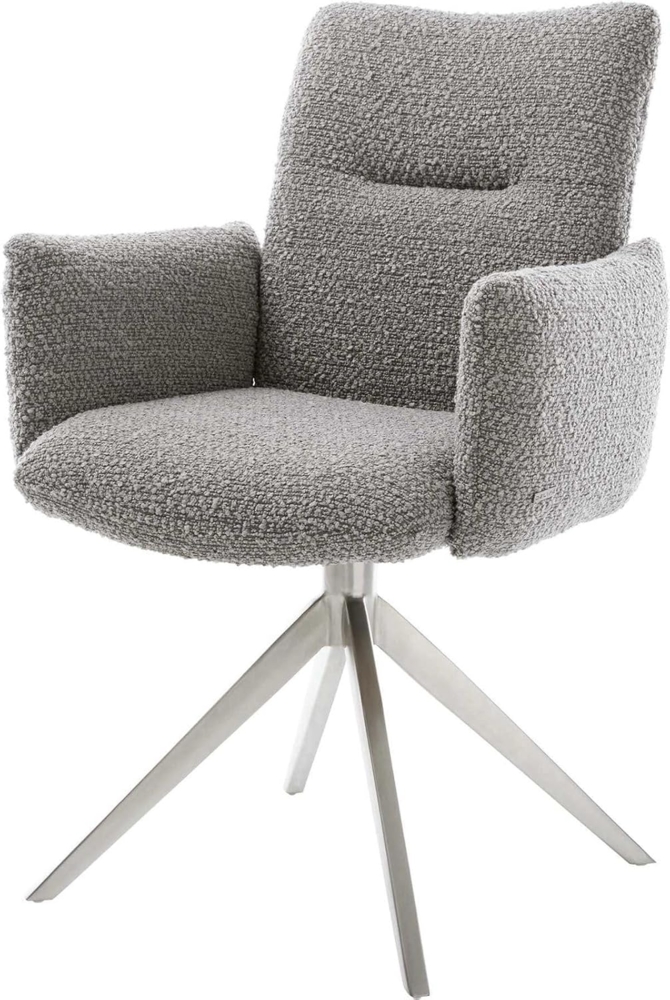 Drehstuhl Jova-Flex mit Armlehnen Bouclé Silbergrau Kreuzgestell breit Edelstahl 360° drehbar Wippfunktion Taschenfederkern Bild 1