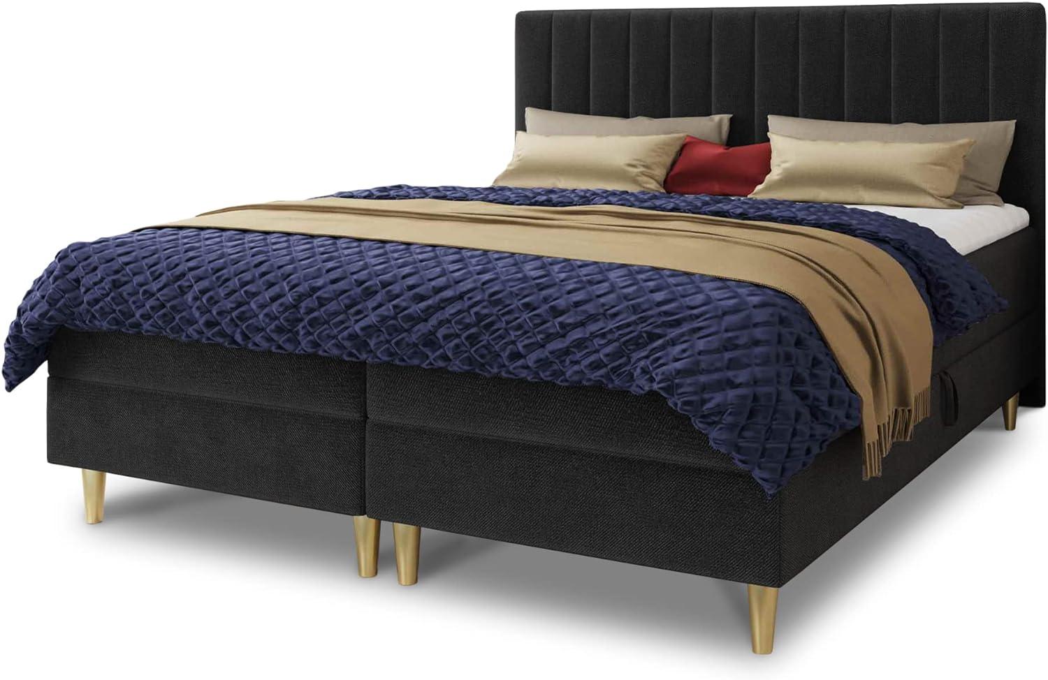 Boxspringbett Gold mit 2 Bettkästen und Topper - Doppelbett, Bonell-Matratze, Polsterbett, Bett mit Matratzentopper, Schlafzimmer, Velours Stoff (Schwarz (Manila 18), 140 x 200 cm) Bild 1