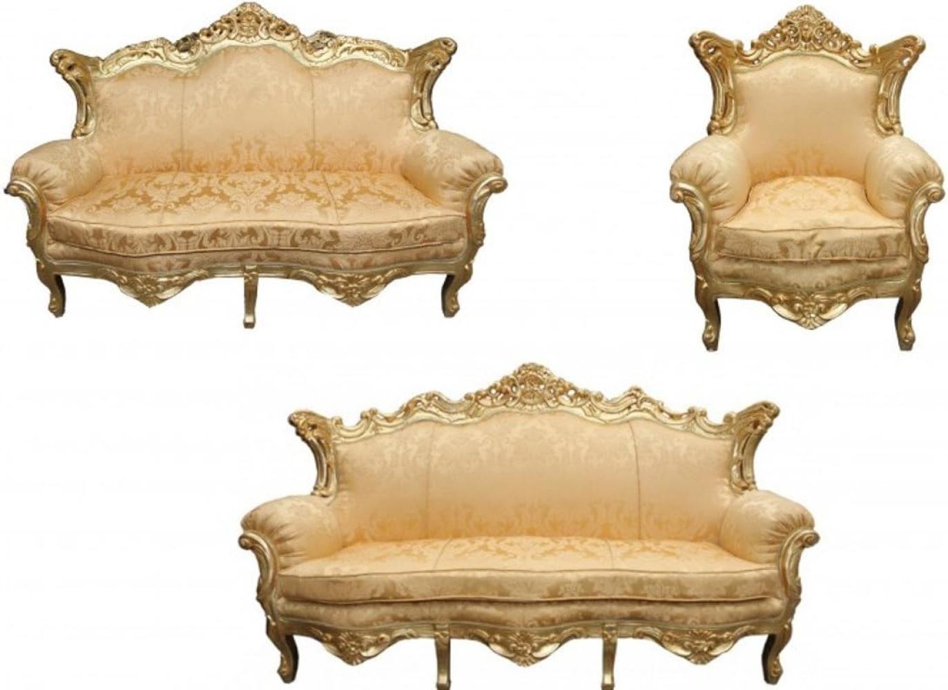 Casa Padrino Barock Wohnzimmer Set Gold Blumen Muster/ Gold - 3er Sofa+2er Sofa + 1 Sessel Bild 1