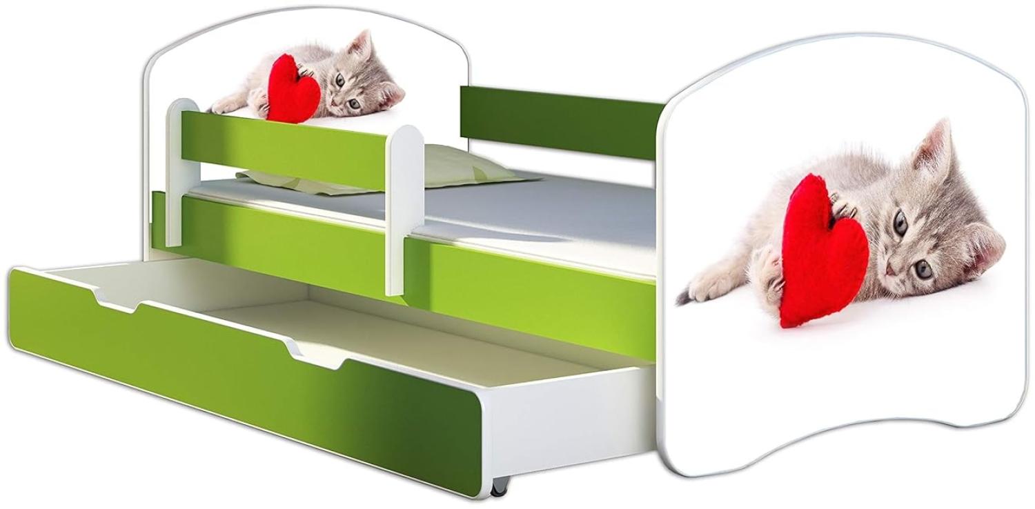 ACMA Kinderbett Jugendbett mit Einer Schublade und Matratze Grün mit Rausfallschutz Lattenrost II 140x70 160x80 180x80 (40 Katze mit Herz, 160x80 + Bettkasten) Bild 1