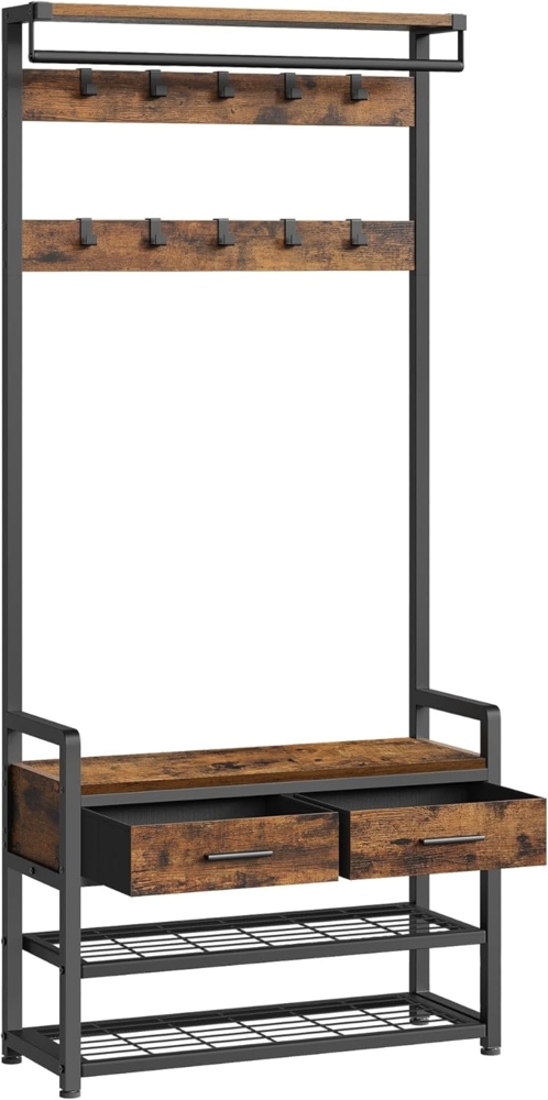 Vasagle Garderobenständer mit Schuhbank, Garderobe, Schuhaufbewahrung, 2 Schubladen aus Stoff, 10 Haken, 6 seitliche Haken, 30 x 80,4 x 181,6 cm, vintagebraun-tintenschwarz-429B01 von Songmics Bild 1