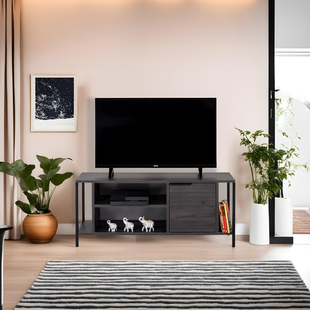 Hanah Home Industrial TV Stand, Dark Brown & Black, 120 x 48 x 35 cm | 100% Melamine Coated Particle Board, 18 mm Thick | Stylish & Functional with Numerous Shelves Bild 1