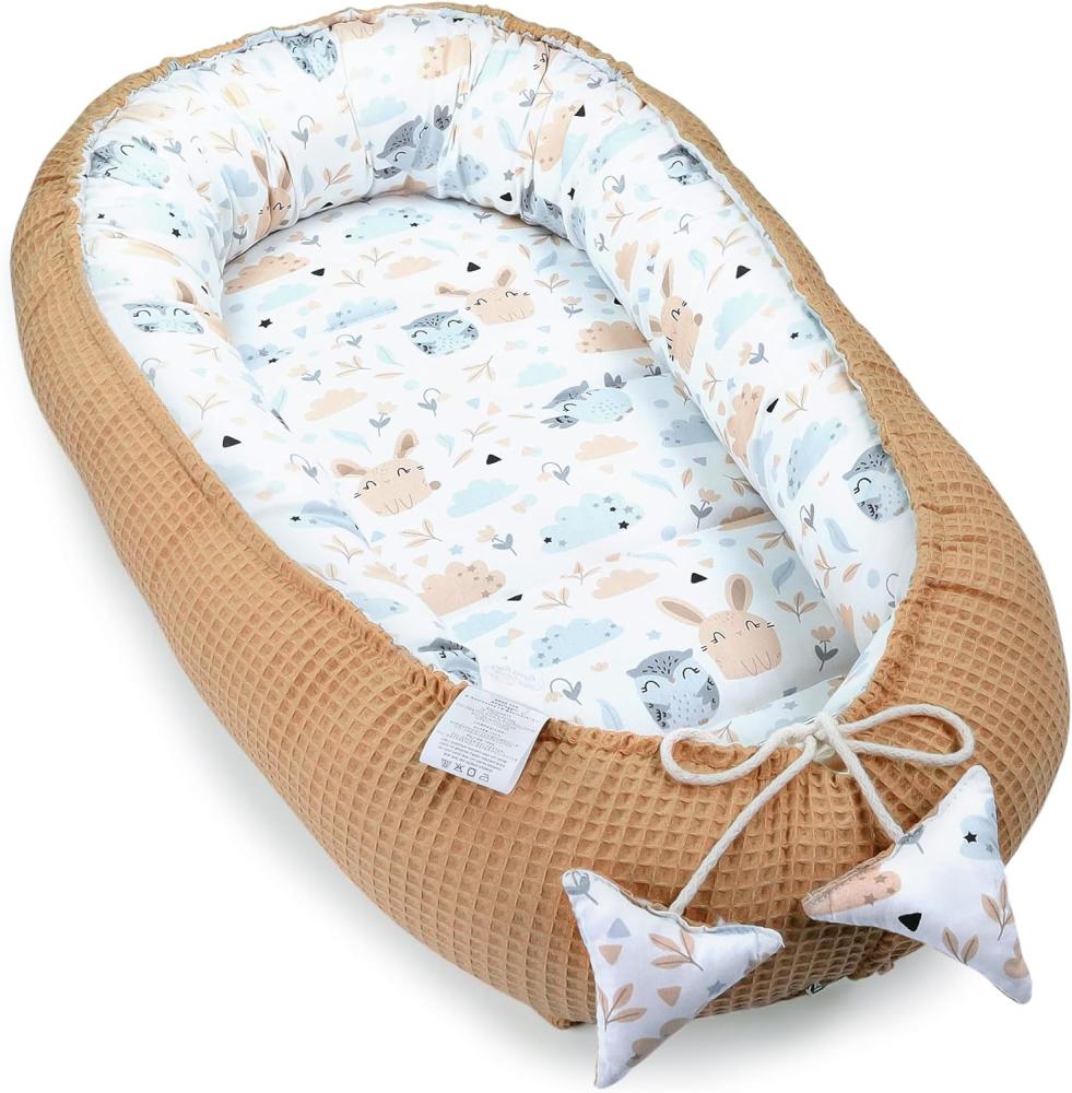 Babynest Neugeborene Nestchen Baby 90x50 cm - Kokon Handmade zweiseitig aus Baumwolle Waffel mit Babynestchen Eulen Braun Bild 1