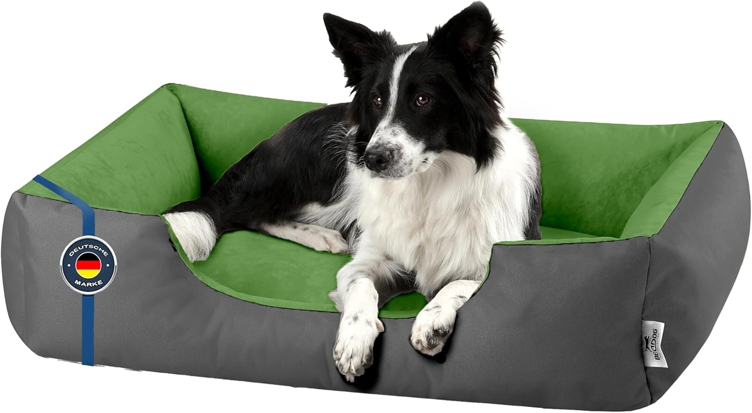 BedDog Hundebett LUPI, Hundesofa aus Cordura, Microfaser-Velours, waschbares Hundebett mit Rand, Hundekissen vier-eckig (L) ca. 80x65x18cm, GREEN-ROCK (grau/grün) Bild 1