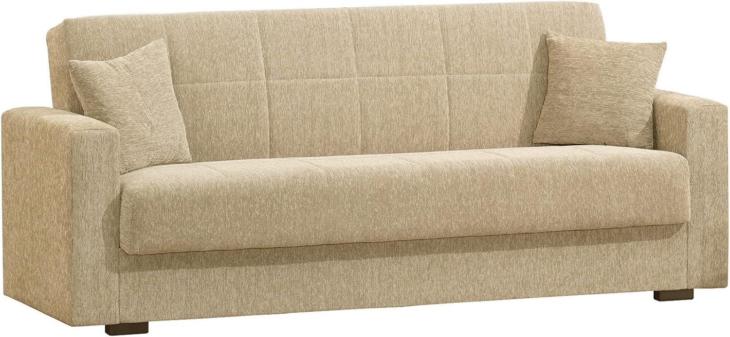 Dmora - Schlafsofa Pinto, Lineares 3-Sitzer-Container-Schlafsofa, Wohnzimmersofa aus gepolstertem Stoff mit Klick-Klack-Öffnung, Cm 212x80h87, Blau Bild 1