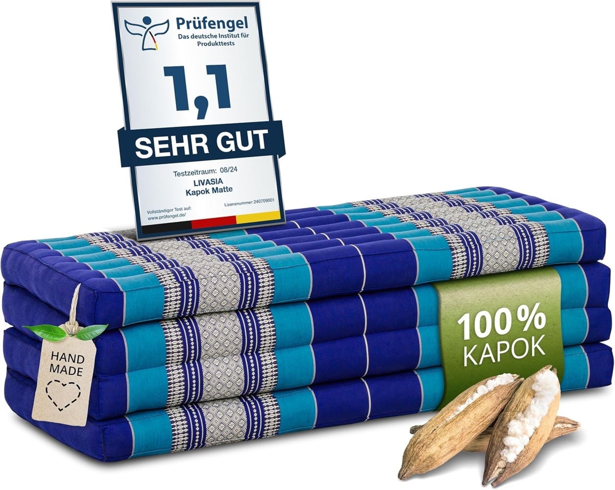 Nachhaltige Klappmatratze aus Kapok, breite Gästematratze vierteilig, Faltbare Matratze, ökologische Yogamatte, klappbares Gästebett, Liege für Garten und Balkon 200 x 110 x 8 cm (Blau) Bild 1