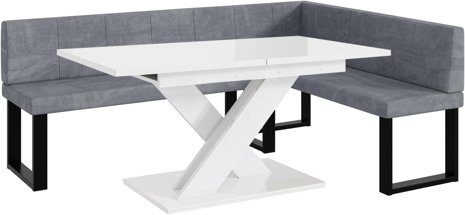 MEBLINI Eckbank für Esszimmer mit ausziehbarem Tisch - Küchenbank - Essecke - Sitzecke Küche - PETER - U-Beine 142x196x87cm Rechts - Grau Samt/B Weiß Hochgl. Bild 1