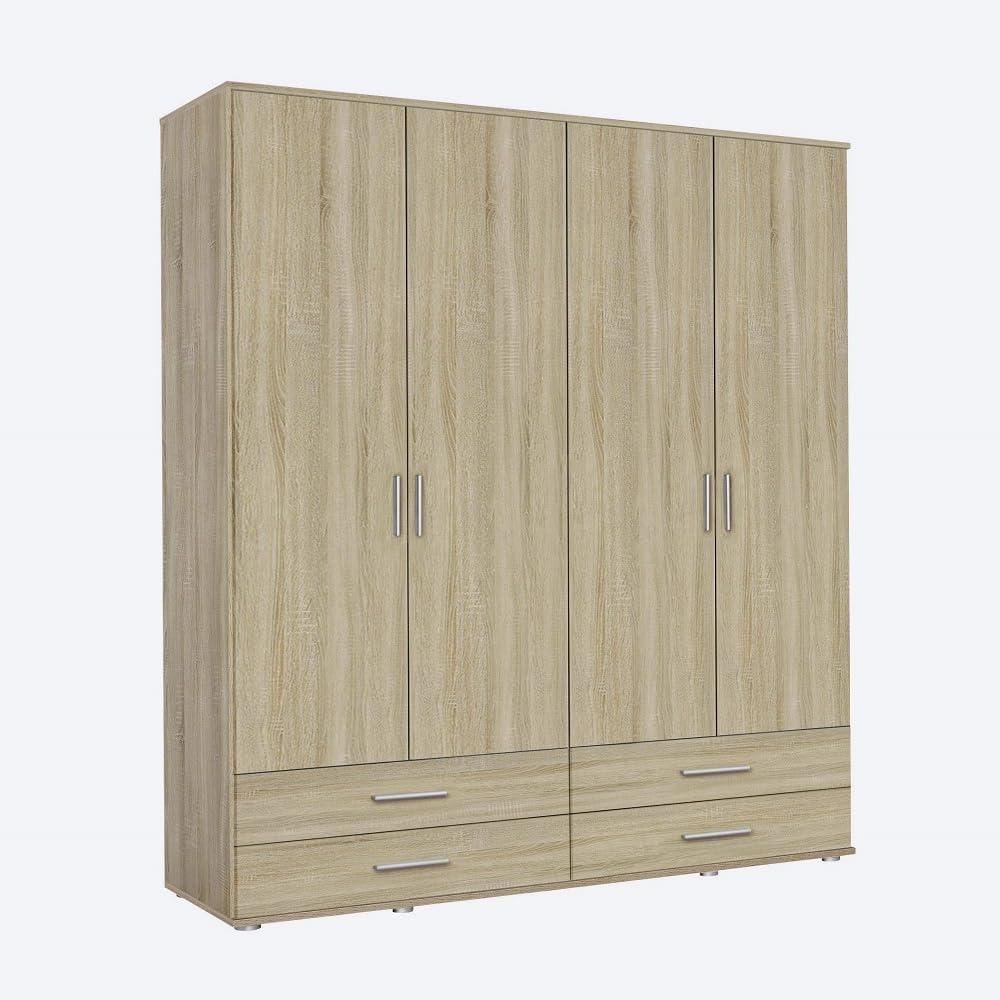 Rauch Möbel Rasant, Schrank Drehtürenschrank inklusive 4 Schubladen, 4-türig, Zubehörpaket Basic 2 Einlegeböden, 1 Kleiderstange, Eiche Sonoma, 52 x 168 x 188 cm Bild 1