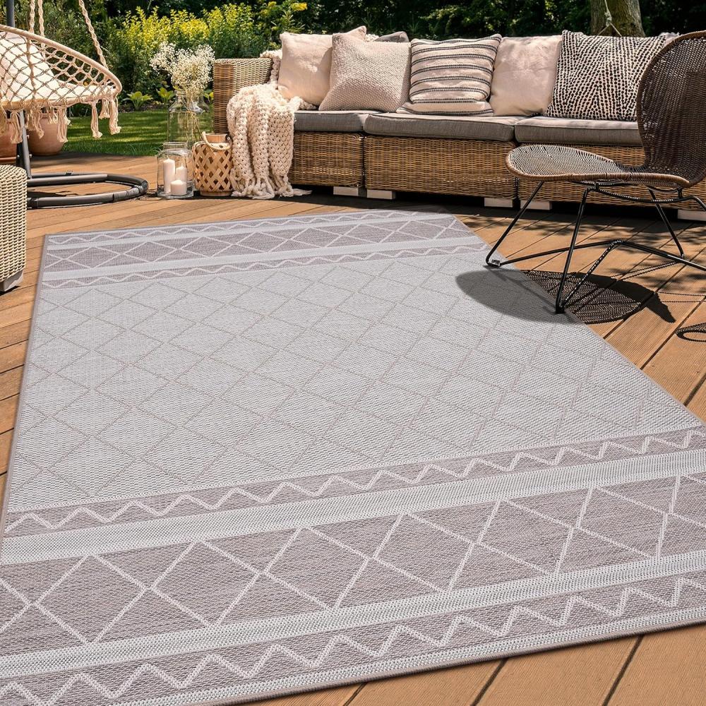 Paco Home In-& Outdoor Teppich Balkon Terrasse Küchenteppich Modernes Boho Ethno Muster, Grösse:160 cm Rund, Farbe:Beige 4 Bild 1