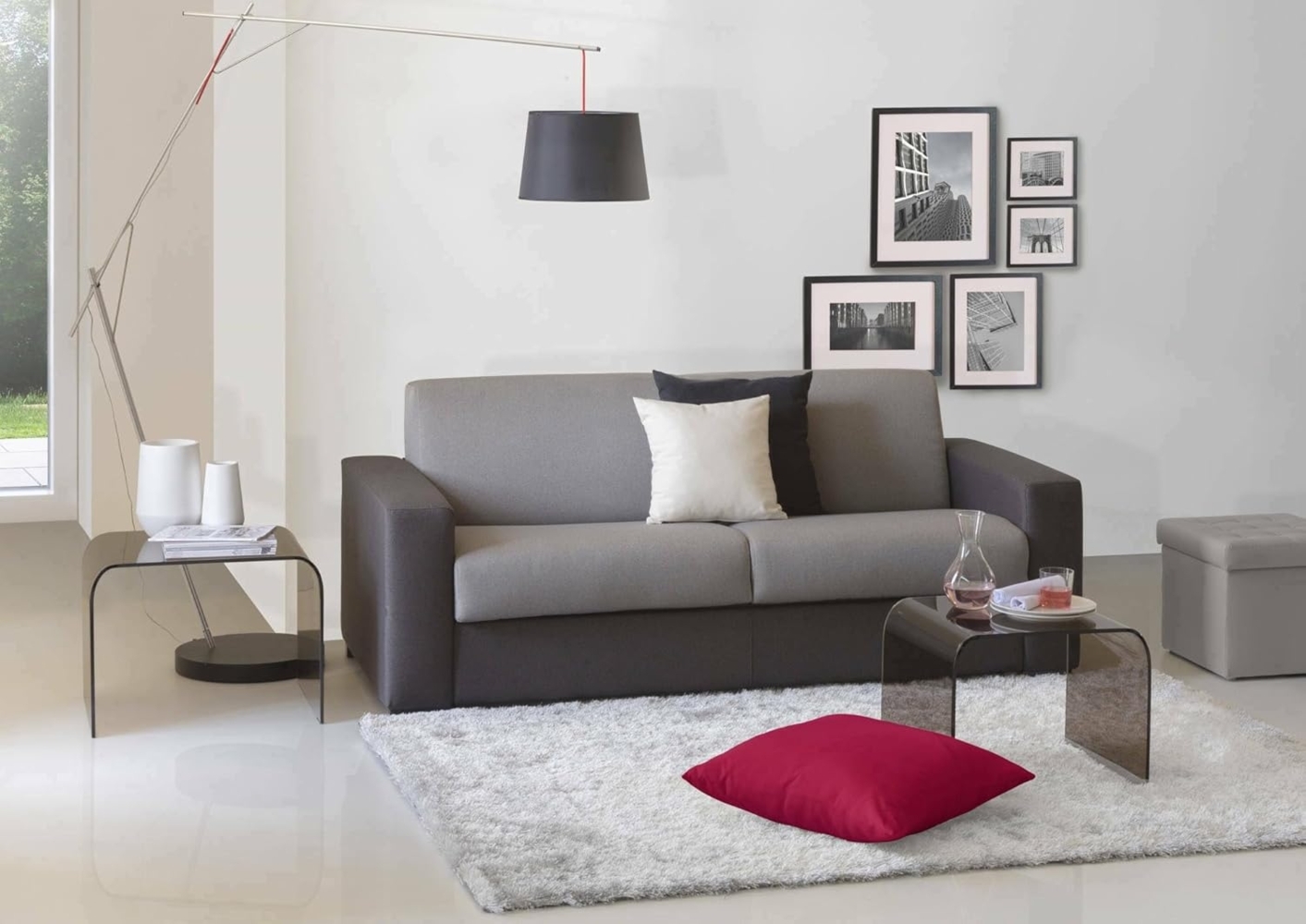 Talamo Italia 2Sitzer Elisabetta Schlafsofa,Wohnzimmersofa,Made in Italy,Drehbare Öffnung mit Matratze,Netz inklusive,aus gepolstertem Stoff, Standardarmlehnen,cm:180x95h90,Farbe Grau und Anthrazit Bild 1