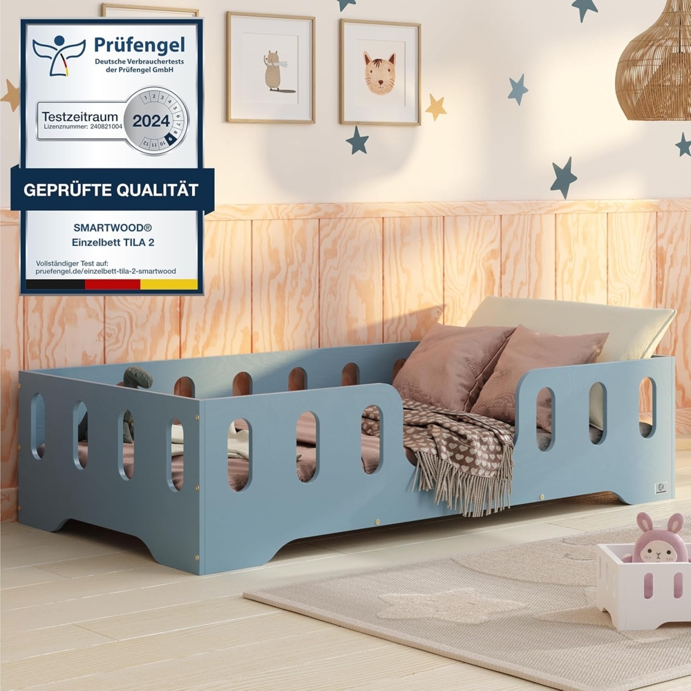 smartwood Kinderbett Bodenbett 100x180 mit Rausfallschutz & Lattenrost - Blau - Kinder Montessori Bett TILA 2 mit glatten Kanten - Betten für schnelle Montage - Bis 230 kg belastbar Bild 1