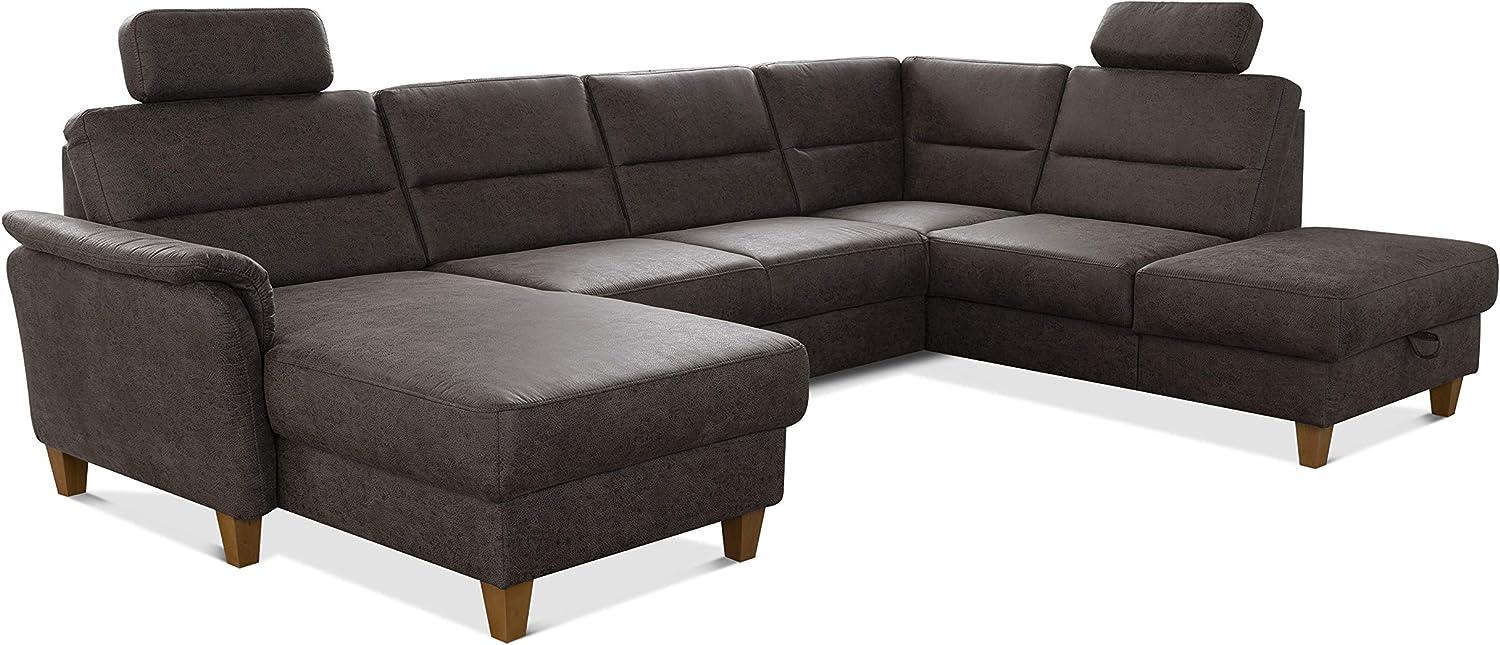 CAVADORE Wohnlandschaft Palera / U-Form Federkern-Sofa mit Schlaffunktion, Stauraum und 2 Kopfstützen / 314 x 89 x 212 / Mikrofaser in Lederoptik, Braun Bild 1